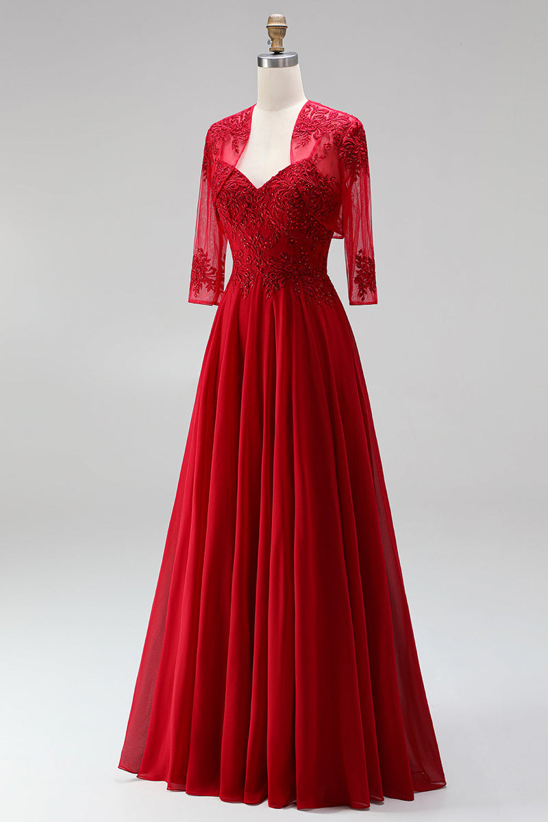Laden Sie das Bild in den Galerie-Viewer, Rotes A-Linien-Stickerei-Chiffon-Spaghetti-Träger langes Abschlussballkleid mit Bolero-Jacke