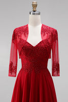 Laden Sie das Bild in den Galerie-Viewer, Rotes A-Linien-Stickerei-Chiffon-Spaghetti-Träger langes Abschlussballkleid mit Bolero-Jacke