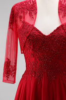 Laden Sie das Bild in den Galerie-Viewer, Rotes A-Linien-Stickerei-Chiffon-Spaghetti-Träger langes Abschlussballkleid mit Bolero-Jacke