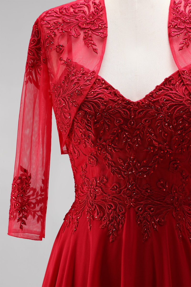 Laden Sie das Bild in den Galerie-Viewer, Rotes A-Linien-Stickerei-Chiffon-Spaghetti-Träger langes Abschlussballkleid mit Bolero-Jacke