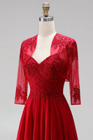 Laden Sie das Bild in den Galerie-Viewer, Rotes A-Linien-Stickerei-Chiffon-Spaghetti-Träger langes Abschlussballkleid mit Bolero-Jacke