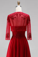 Laden Sie das Bild in den Galerie-Viewer, Rotes A-Linien-Stickerei-Chiffon-Spaghetti-Träger langes Abschlussballkleid mit Bolero-Jacke