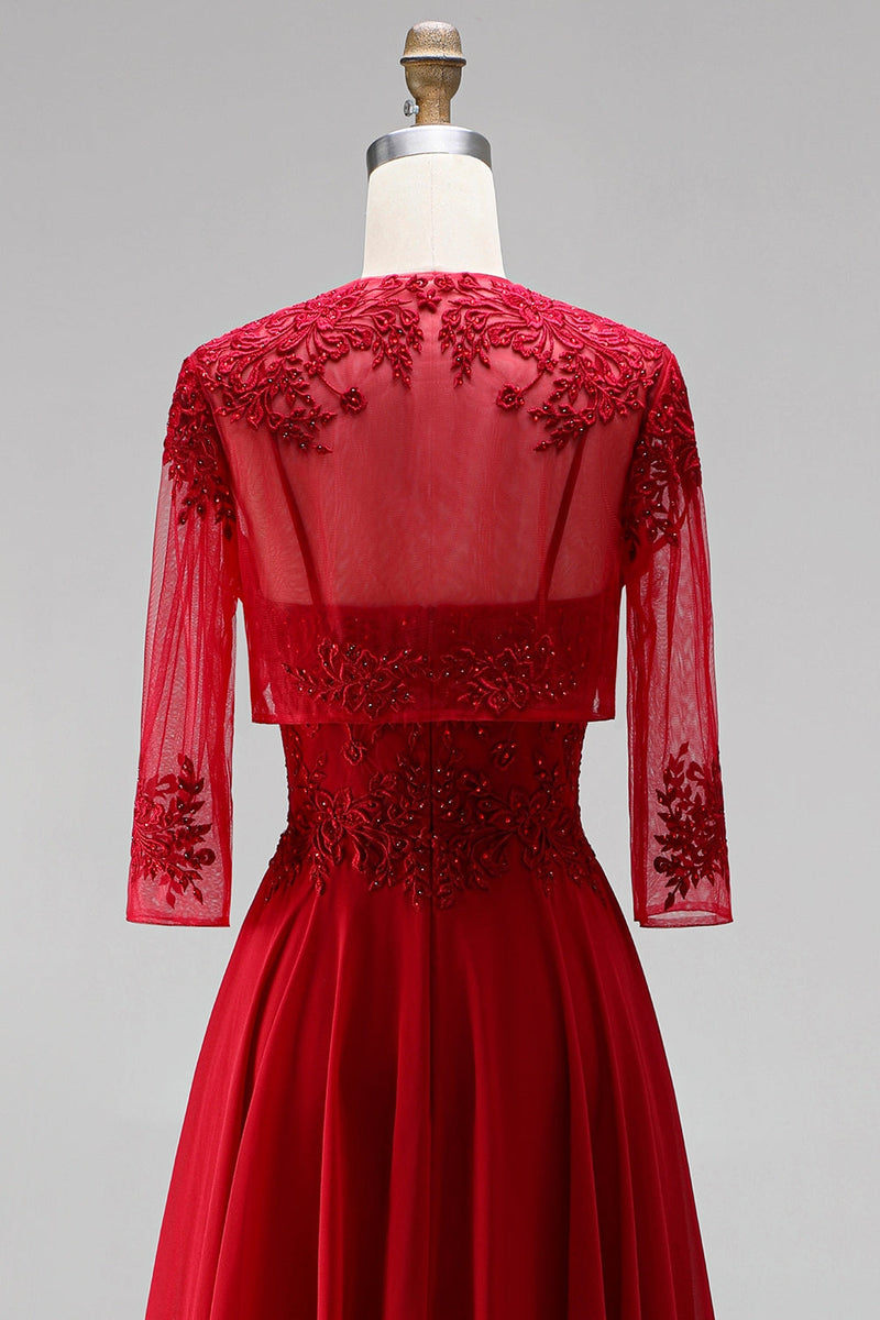 Laden Sie das Bild in den Galerie-Viewer, Rotes A-Linien-Stickerei-Chiffon-Spaghetti-Träger langes Abschlussballkleid mit Bolero-Jacke