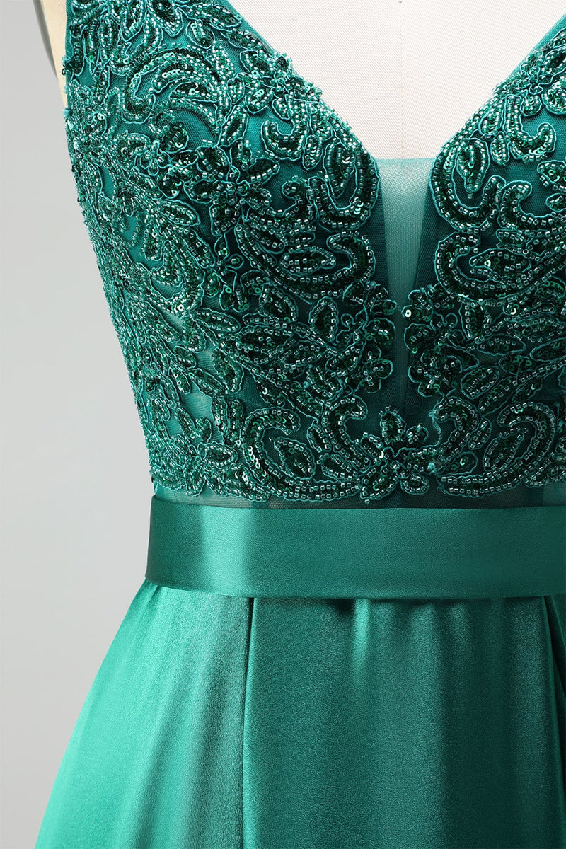Laden Sie das Bild in den Galerie-Viewer, Dunkelgrün V Ausschnitt Satin A-Linien Applikationen Langes Abiballkleid mit Perlenbesatz