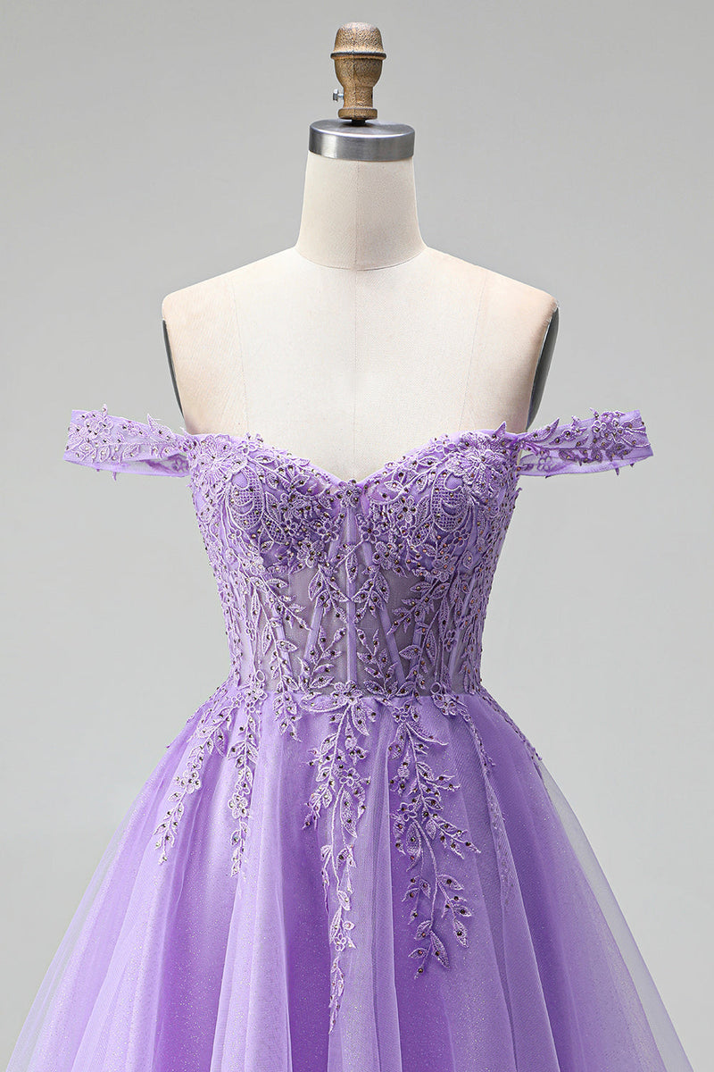 Laden Sie das Bild in den Galerie-Viewer, Off-the-shoulder Leichte Pflaumen 3D-Blumenapplikationen A-Linie Tüll Korsett Kurzes Abendkleid mit Perlenbesatz