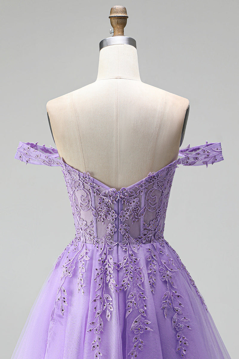 Laden Sie das Bild in den Galerie-Viewer, Off-the-shoulder Leichte Pflaumen 3D-Blumenapplikationen A-Linie Tüll Korsett Kurzes Abendkleid mit Perlenbesatz