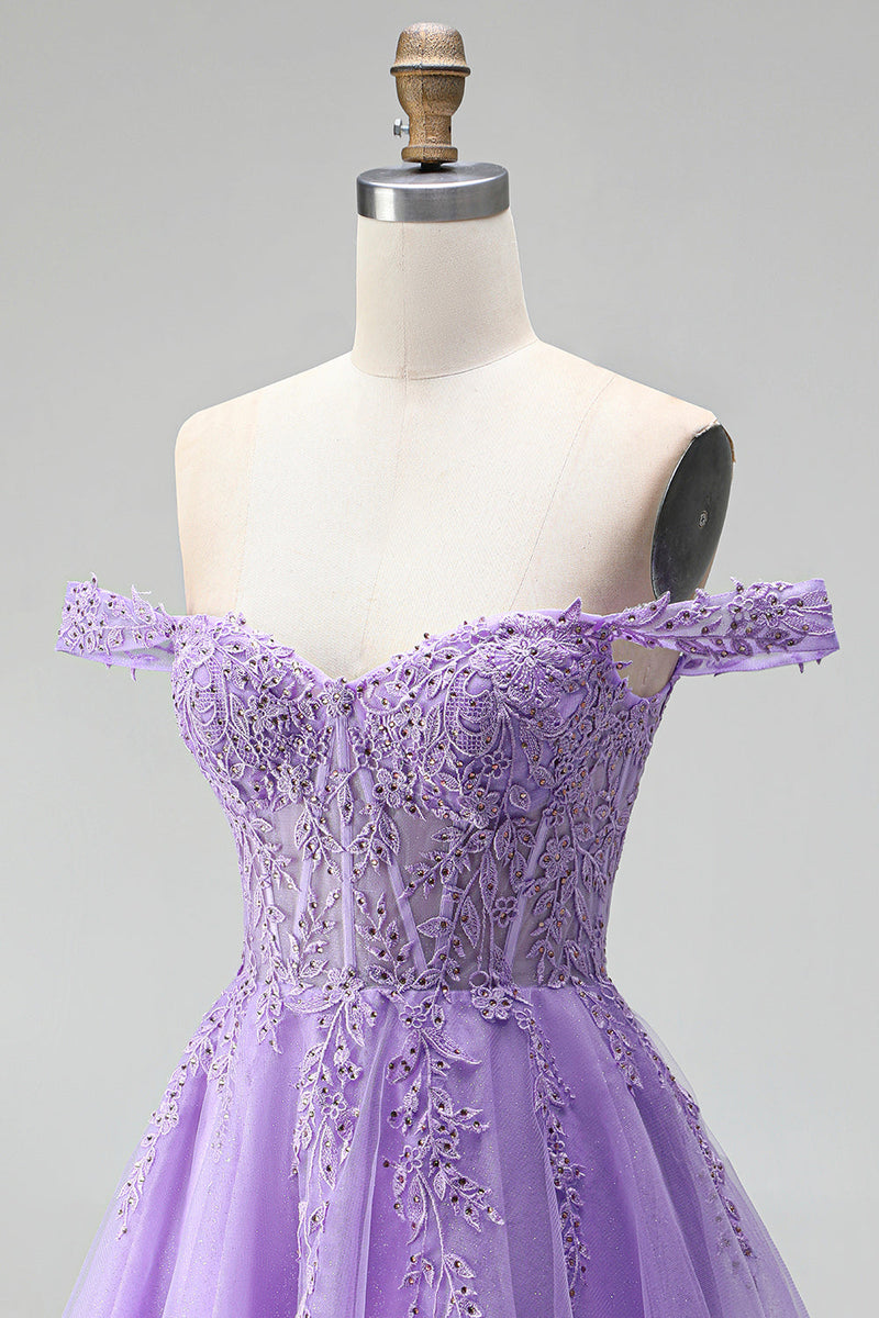 Laden Sie das Bild in den Galerie-Viewer, Off-the-shoulder Leichte Pflaumen 3D-Blumenapplikationen A-Linie Tüll Korsett Kurzes Abendkleid mit Perlenbesatz