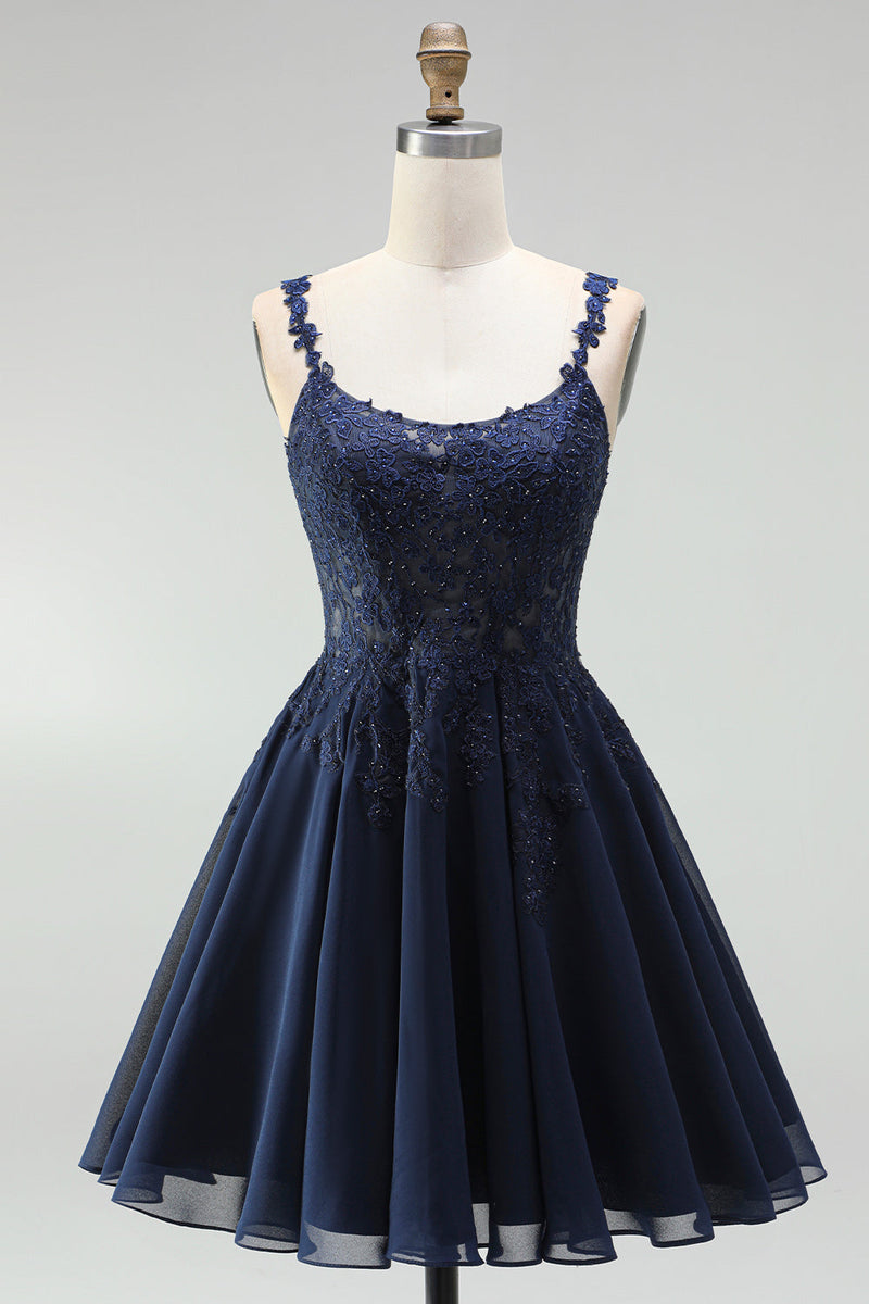 Laden Sie das Bild in den Galerie-Viewer, Navy A-Linie Chiffon Floral Spitze Träger Kurzes Abendkleid mit Perlen