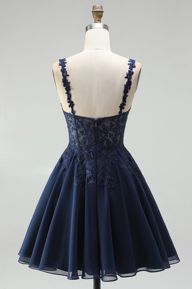 Laden Sie das Bild in den Galerie-Viewer, Navy A-Linie Chiffon Floral Spitze Träger Kurzes Abendkleid mit Perlen
