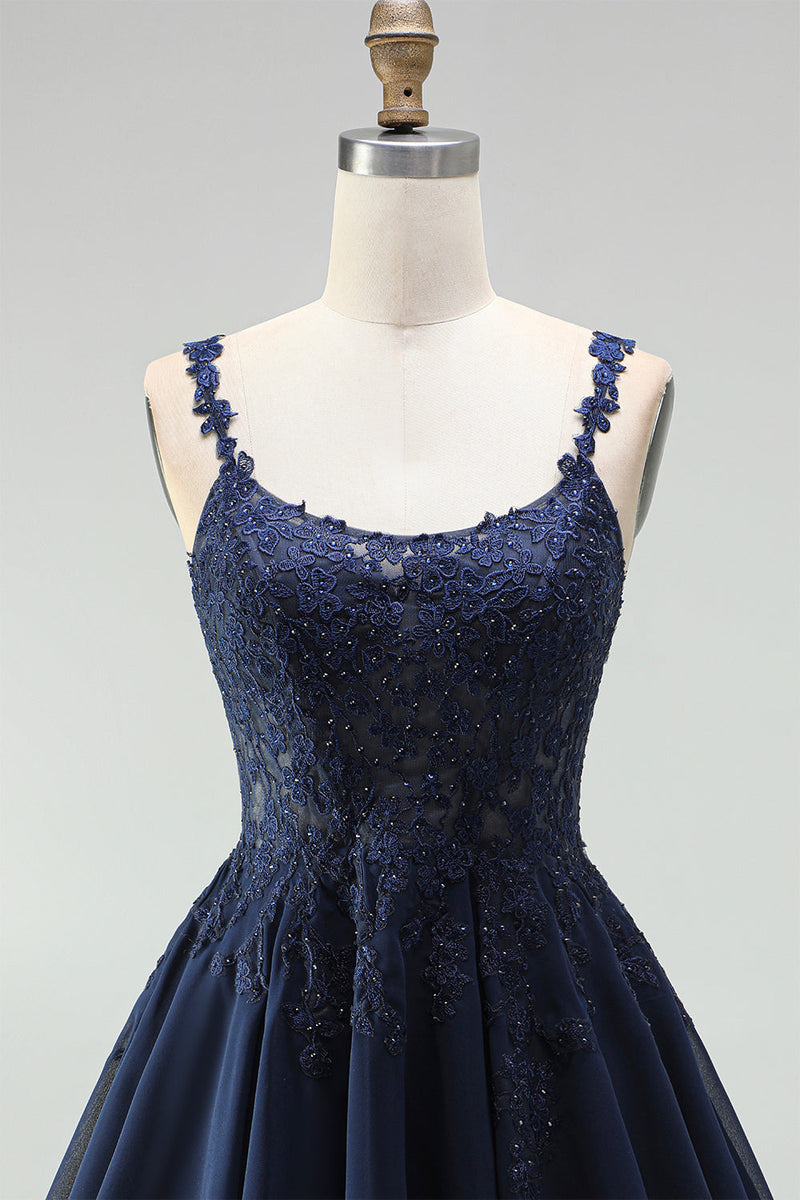 Laden Sie das Bild in den Galerie-Viewer, Navy A-Linie Chiffon Floral Spitze Träger Kurzes Abendkleid mit Perlen