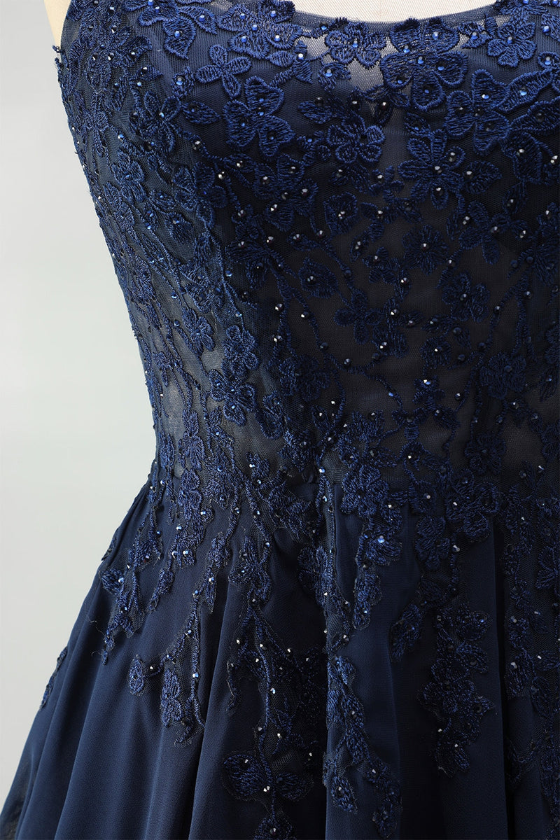 Laden Sie das Bild in den Galerie-Viewer, Navy A-Linie Chiffon Floral Spitze Träger Kurzes Abendkleid mit Perlen