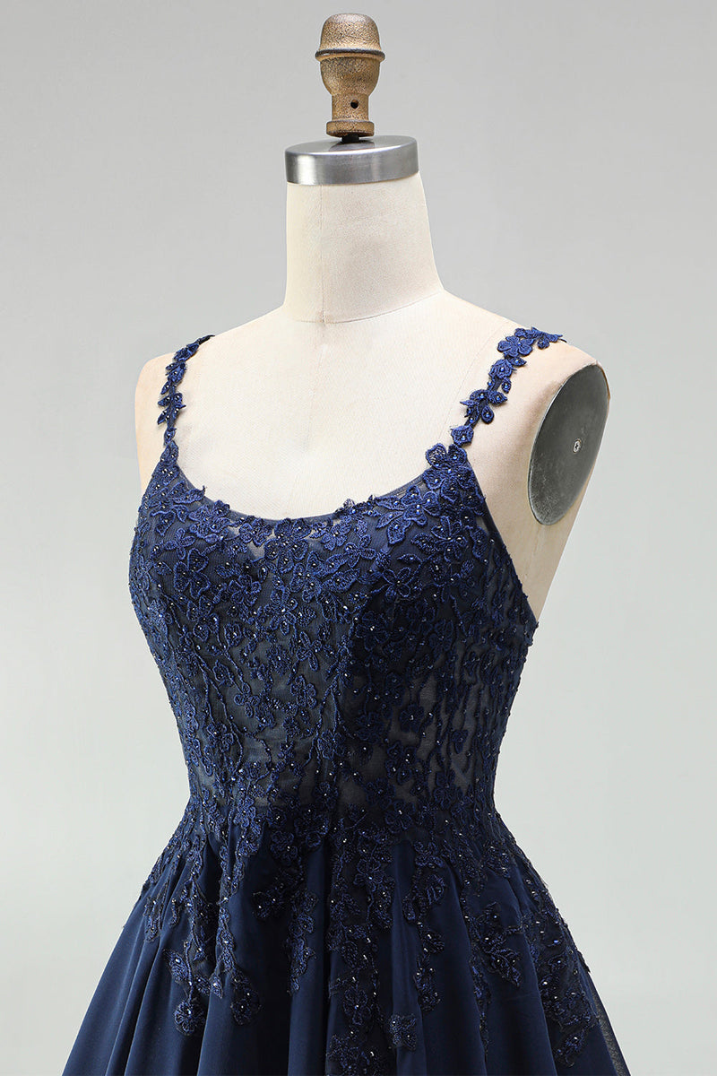 Laden Sie das Bild in den Galerie-Viewer, Navy A-Linie Chiffon Floral Spitze Träger Kurzes Abendkleid mit Perlen