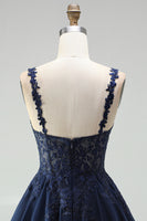 Laden Sie das Bild in den Galerie-Viewer, Navy A-Linie Chiffon Floral Spitze Träger Kurzes Abendkleid mit Perlen