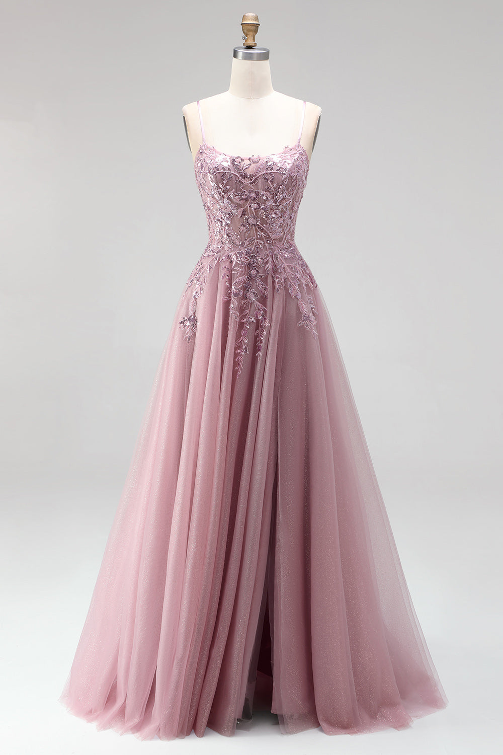 Grau Rosa Glitzer A-Linien Pailletten Corsage Tüll Langes Abiballkleid mit Perlenbesatz
