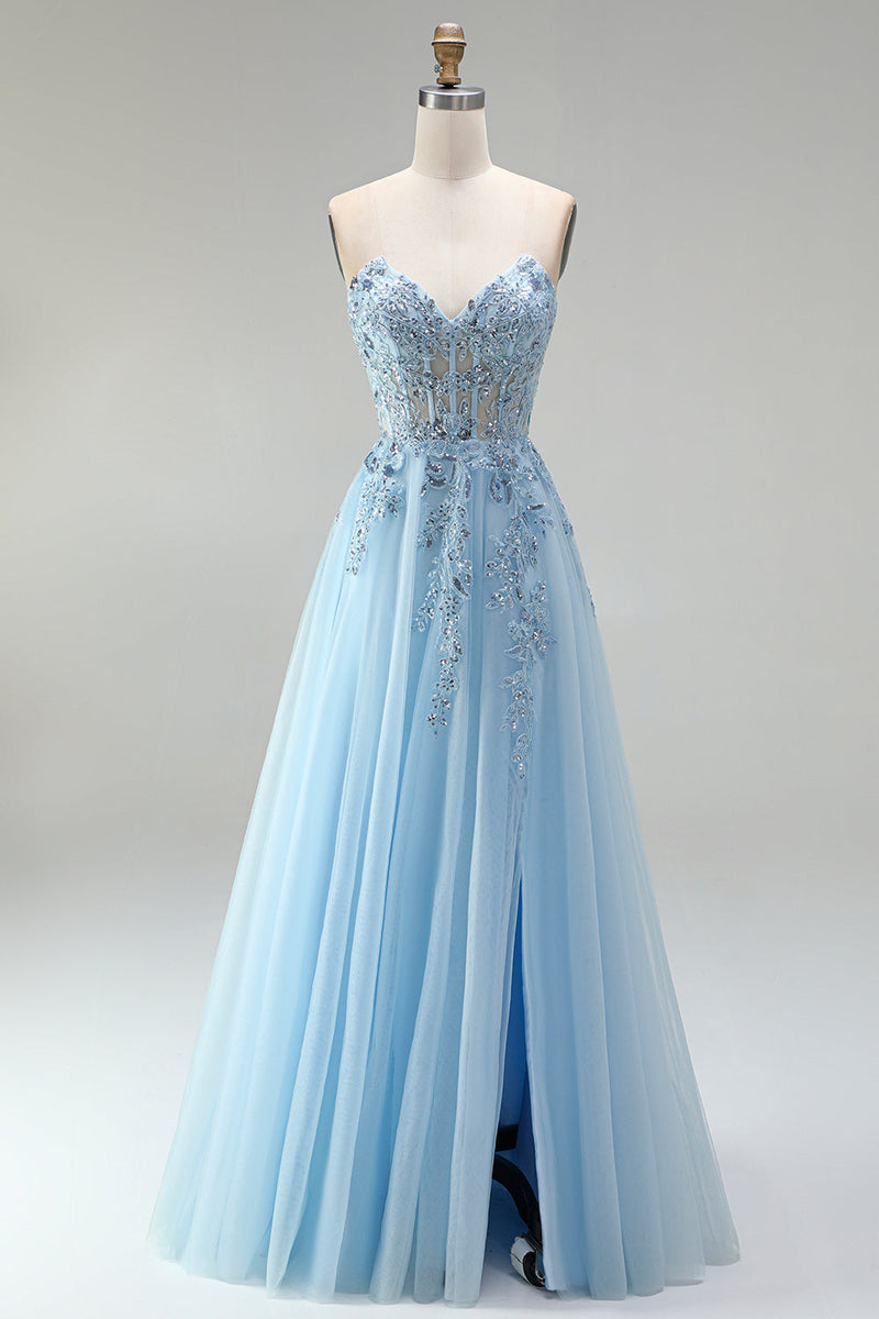 Laden Sie das Bild in den Galerie-Viewer, Himmelblaues Korsett, transparente Blumenapplikationen, A-Linie Pailletten, trägerloses langes Abschlussballkleid mit seitlichem Schlitz