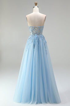 Himmelblaues Korsett Transparente Blumenapplikationen A-Linie Pailletten Trägerloses Langes Abschlussballkleid mit seitlichem Schlitz