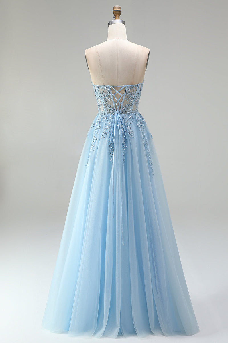 Laden Sie das Bild in den Galerie-Viewer, Himmelblaues Korsett, transparente Blumenapplikationen, A-Linie Pailletten, trägerloses langes Abschlussballkleid mit seitlichem Schlitz