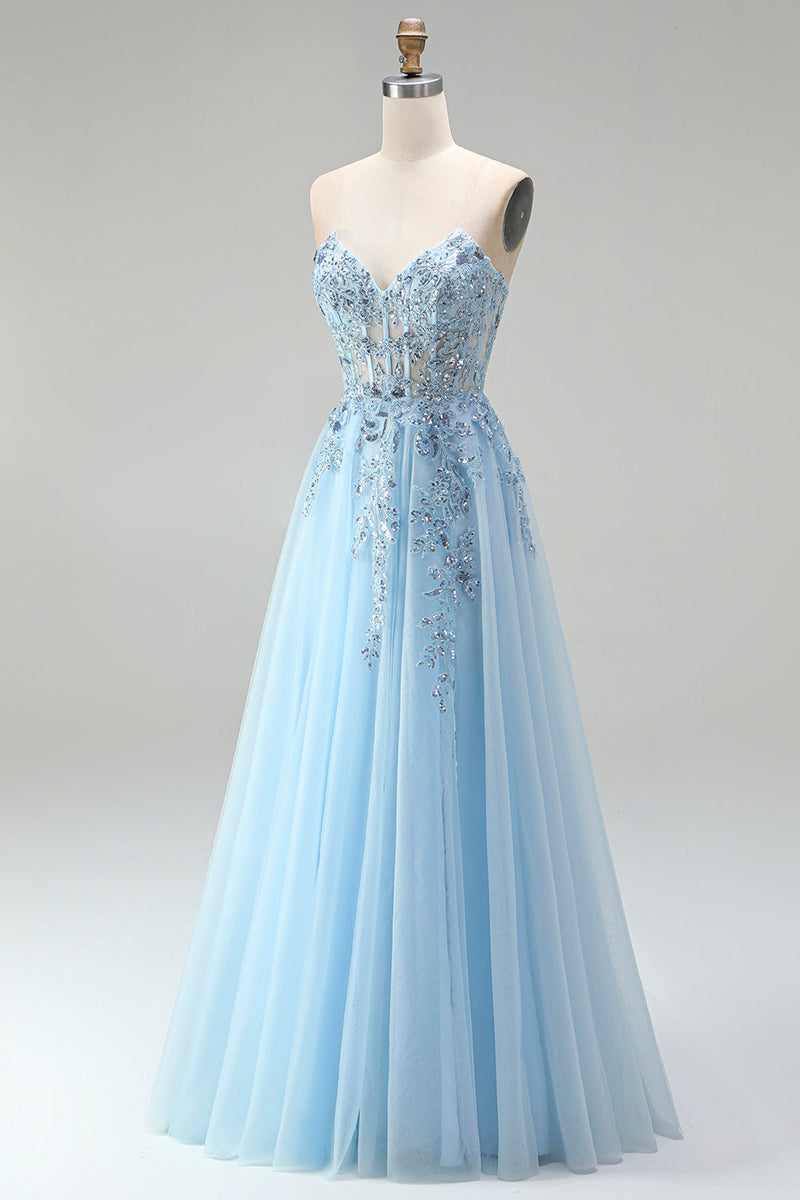 Laden Sie das Bild in den Galerie-Viewer, Himmelblaues Korsett, transparente Blumenapplikationen, A-Linie Pailletten, trägerloses langes Abschlussballkleid mit seitlichem Schlitz