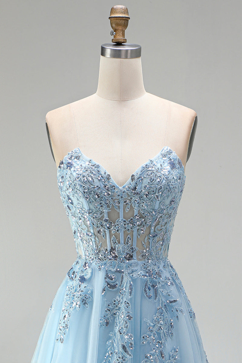 Laden Sie das Bild in den Galerie-Viewer, Himmelblaues Korsett, transparente Blumenapplikationen, A-Linie Pailletten, trägerloses langes Abschlussballkleid mit seitlichem Schlitz