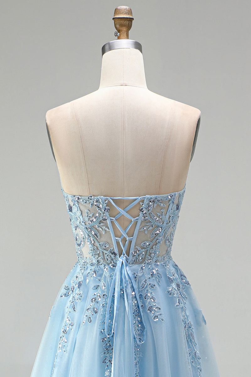 Laden Sie das Bild in den Galerie-Viewer, Himmelblaues Korsett, transparente Blumenapplikationen, A-Linie Pailletten, trägerloses langes Abschlussballkleid mit seitlichem Schlitz