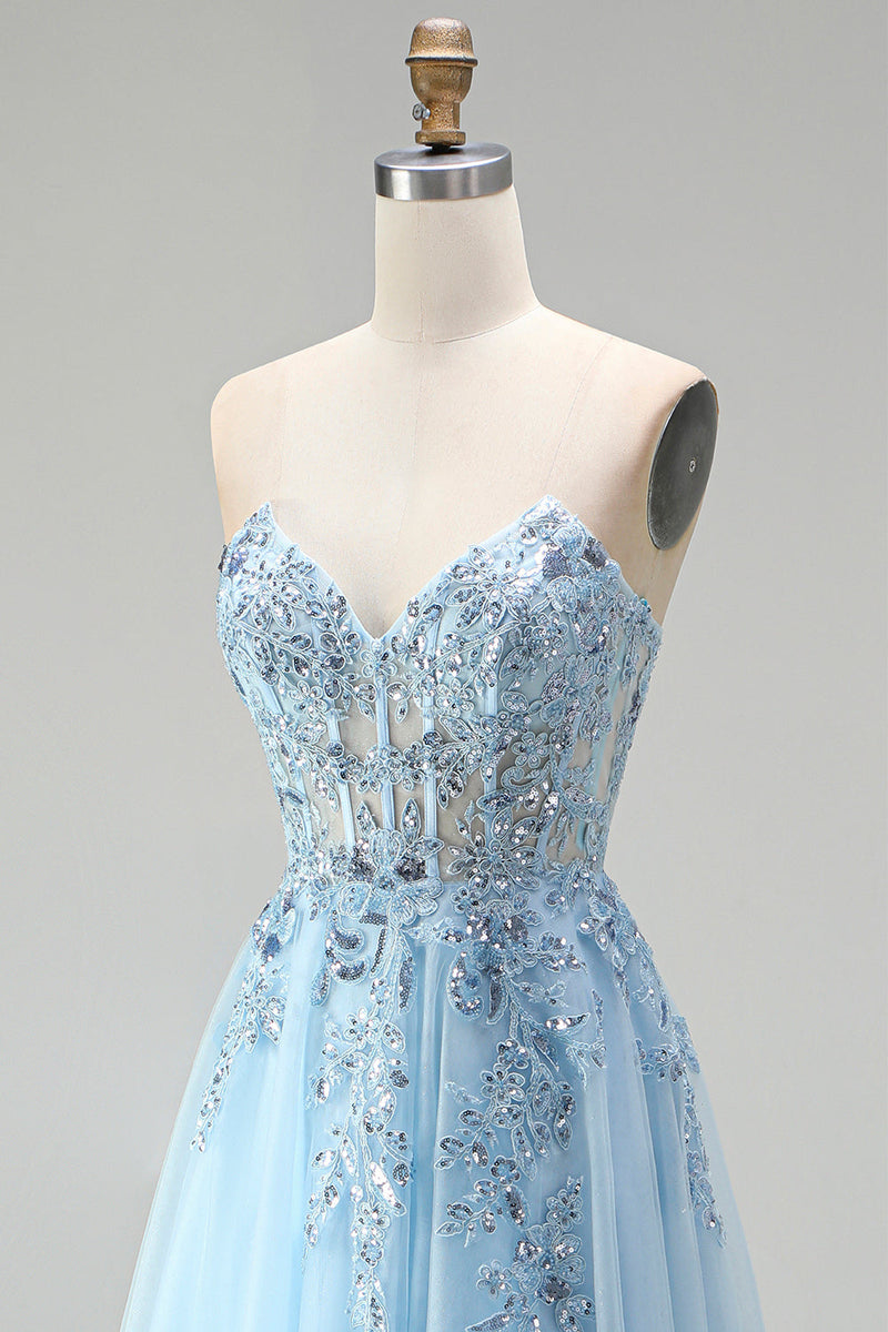 Laden Sie das Bild in den Galerie-Viewer, Himmelblaues Korsett, transparente Blumenapplikationen, A-Linie Pailletten, trägerloses langes Abschlussballkleid mit seitlichem Schlitz