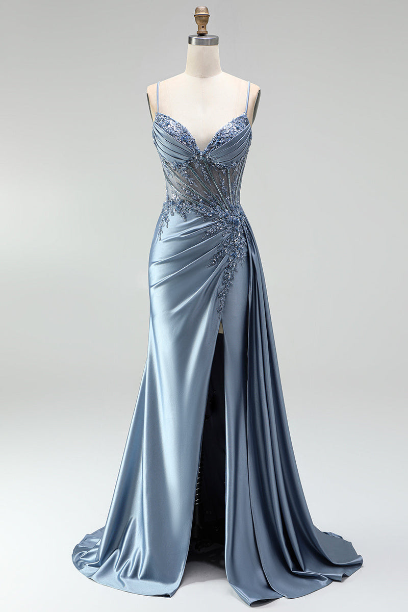 Laden Sie das Bild in den Galerie-Viewer, Graublaues Meerjungfrauen Strassstein Korsett Durchsichtiges Gerafftes Satin Spaghettiträger Langes Abschlussballkleid mit Schlitz