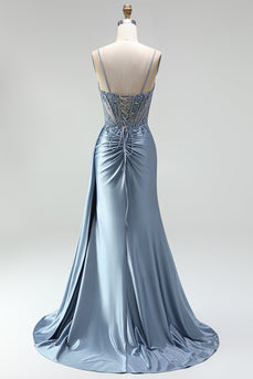 Graublaues Meerjungfrauen Strassstein Korsett Durchsichtiges Gerafftes Satin Spaghettiträger Langes Abschlussballkleid mit Schlitz