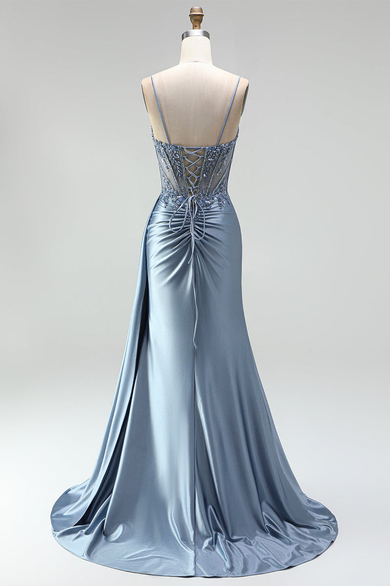 Laden Sie das Bild in den Galerie-Viewer, Graublaues Meerjungfrauen Strassstein Korsett Durchsichtiges Gerafftes Satin Spaghettiträger Langes Abschlussballkleid mit Schlitz