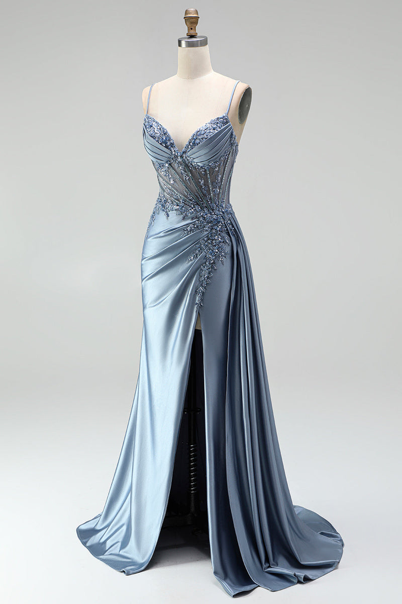 Laden Sie das Bild in den Galerie-Viewer, Graublaues Meerjungfrauen Strassstein Korsett Durchsichtiges Gerafftes Satin Spaghettiträger Langes Abschlussballkleid mit Schlitz