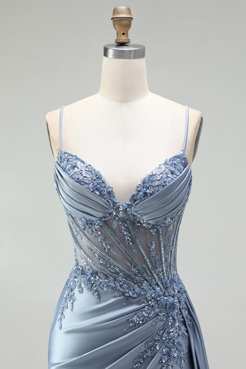 Laden Sie das Bild in den Galerie-Viewer, Graublaues Meerjungfrauen Strassstein Korsett Durchsichtiges Gerafftes Satin Spaghettiträger Langes Abschlussballkleid mit Schlitz