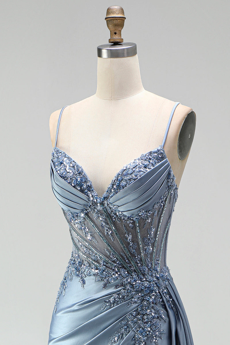Laden Sie das Bild in den Galerie-Viewer, Graublaues Meerjungfrauen Strassstein Korsett Durchsichtiges Gerafftes Satin Spaghettiträger Langes Abschlussballkleid mit Schlitz