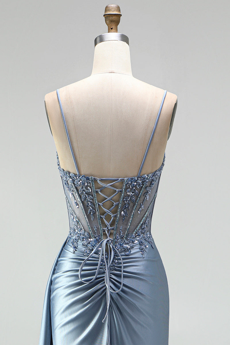 Laden Sie das Bild in den Galerie-Viewer, Graublaues Meerjungfrauen Strassstein Korsett Durchsichtiges Gerafftes Satin Spaghettiträger Langes Abschlussballkleid mit Schlitz