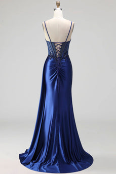 Königsblaues Korsett Transparentes Satin Gerafftes Pailletten Langes Abschlussballkleid mit Schlitz
