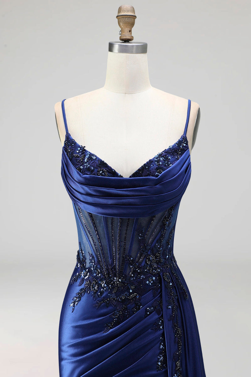Laden Sie das Bild in den Galerie-Viewer, Königsblaues Korsett Transparentes Satin Gerafftes Pailletten Langes Abschlussballkleid mit Schlitz