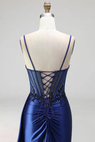 Laden Sie das Bild in den Galerie-Viewer, Königsblaues Korsett Transparentes Satin Gerafftes Pailletten Langes Abschlussballkleid mit Schlitz