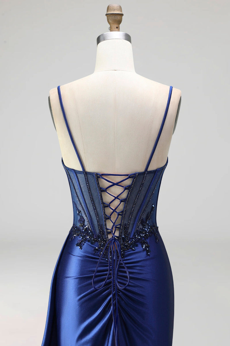 Laden Sie das Bild in den Galerie-Viewer, Königsblaues Korsett Transparentes Satin Gerafftes Pailletten Langes Abschlussballkleid mit Schlitz