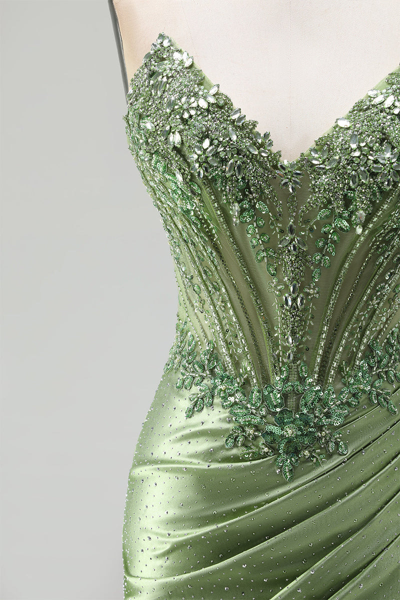 Laden Sie das Bild in den Galerie-Viewer, Grünes Korsett Meerjungfrauen V-Ausschnitt Durchsichtiges Satin Perlen Langes Ballkleid mit Schlitz