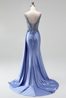 Staubige blaue Strassstein-Applikationen Meerjungfrauen-Satin-V-Ausschnitt, geraffte Pailletten, langes Abschlussballkleid mit Schlitz