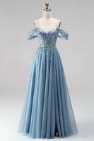 Laden Sie das Bild in den Galerie-Viewer, Glitzerndes Staubblaues A-Linie Korsett Transparentes Pailletten Langes Abschlussball-Kleid mit Applikationen
