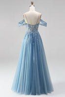 Laden Sie das Bild in den Galerie-Viewer, Glitzerndes Staubblaues A-Linie Korsett Transparentes Pailletten Langes Abschlussball-Kleid mit Applikationen