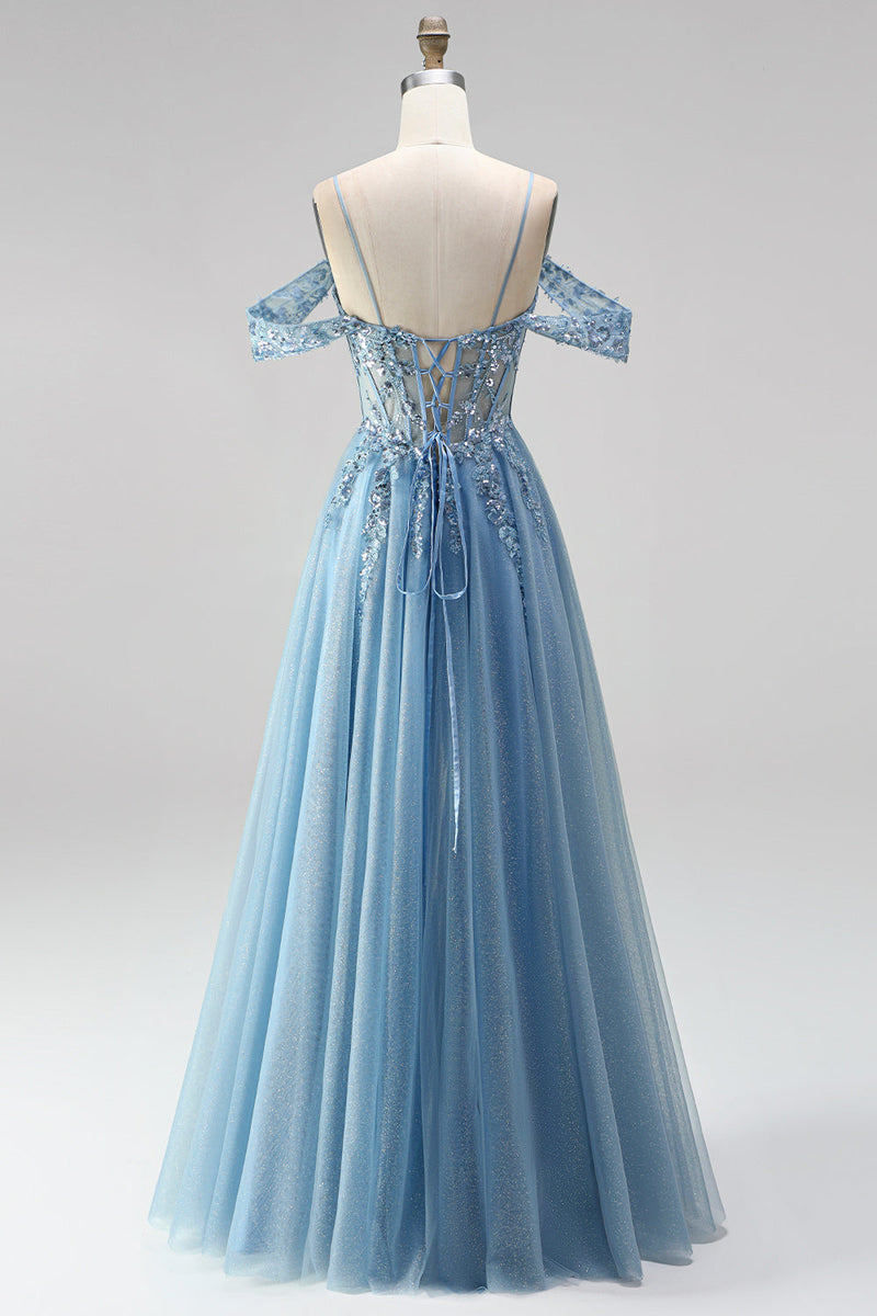 Laden Sie das Bild in den Galerie-Viewer, Glitzerndes Staubblaues A-Linie Korsett Transparentes Pailletten Langes Abschlussball-Kleid mit Applikationen