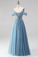 Laden Sie das Bild in den Galerie-Viewer, Glitzerndes Staubblaues A-Linie Korsett Transparentes Pailletten Langes Abschlussball-Kleid mit Applikationen