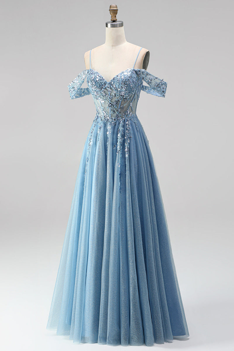 Laden Sie das Bild in den Galerie-Viewer, Glitzerndes Staubblaues A-Linie Korsett Transparentes Pailletten Langes Abschlussball-Kleid mit Applikationen
