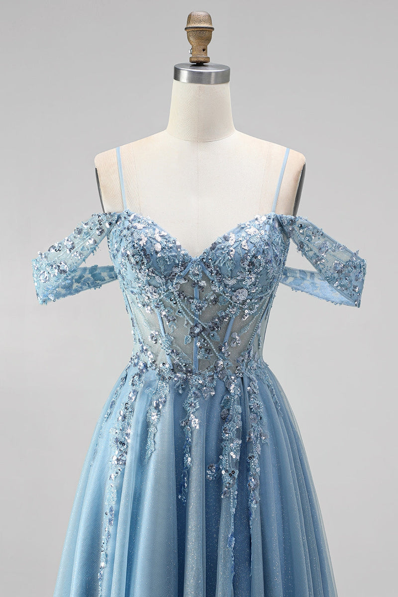 Laden Sie das Bild in den Galerie-Viewer, Glitzerndes Staubblaues A-Linie Korsett Transparentes Pailletten Langes Abschlussball-Kleid mit Applikationen