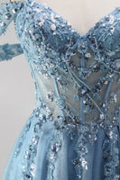 Laden Sie das Bild in den Galerie-Viewer, Glitzerndes Staubblaues A-Linie Korsett Transparentes Pailletten Langes Abschlussball-Kleid mit Applikationen