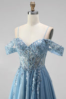 Laden Sie das Bild in den Galerie-Viewer, Glitzerndes Staubblaues A-Linie Korsett Transparentes Pailletten Langes Abschlussball-Kleid mit Applikationen