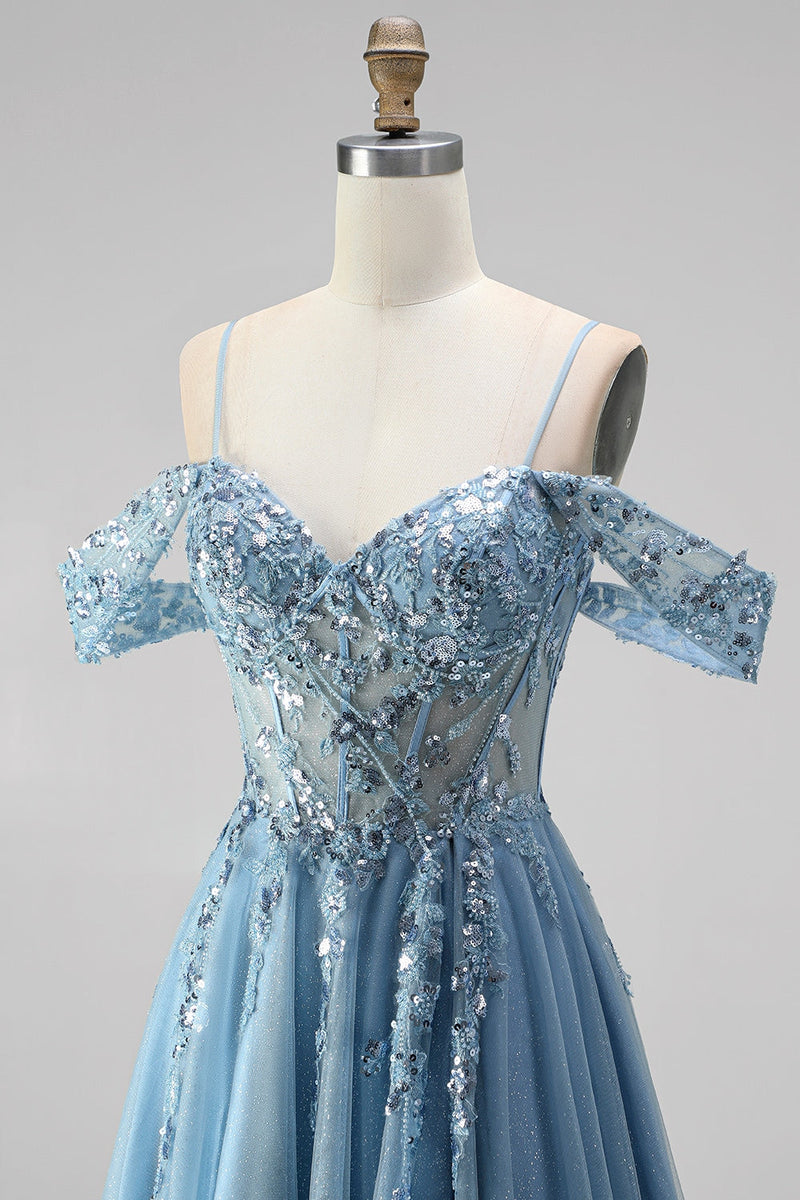 Laden Sie das Bild in den Galerie-Viewer, Glitzerndes Staubblaues A-Linie Korsett Transparentes Pailletten Langes Abschlussball-Kleid mit Applikationen