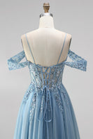 Laden Sie das Bild in den Galerie-Viewer, Glitzerndes Staubblaues A-Linie Korsett Transparentes Pailletten Langes Abschlussball-Kleid mit Applikationen