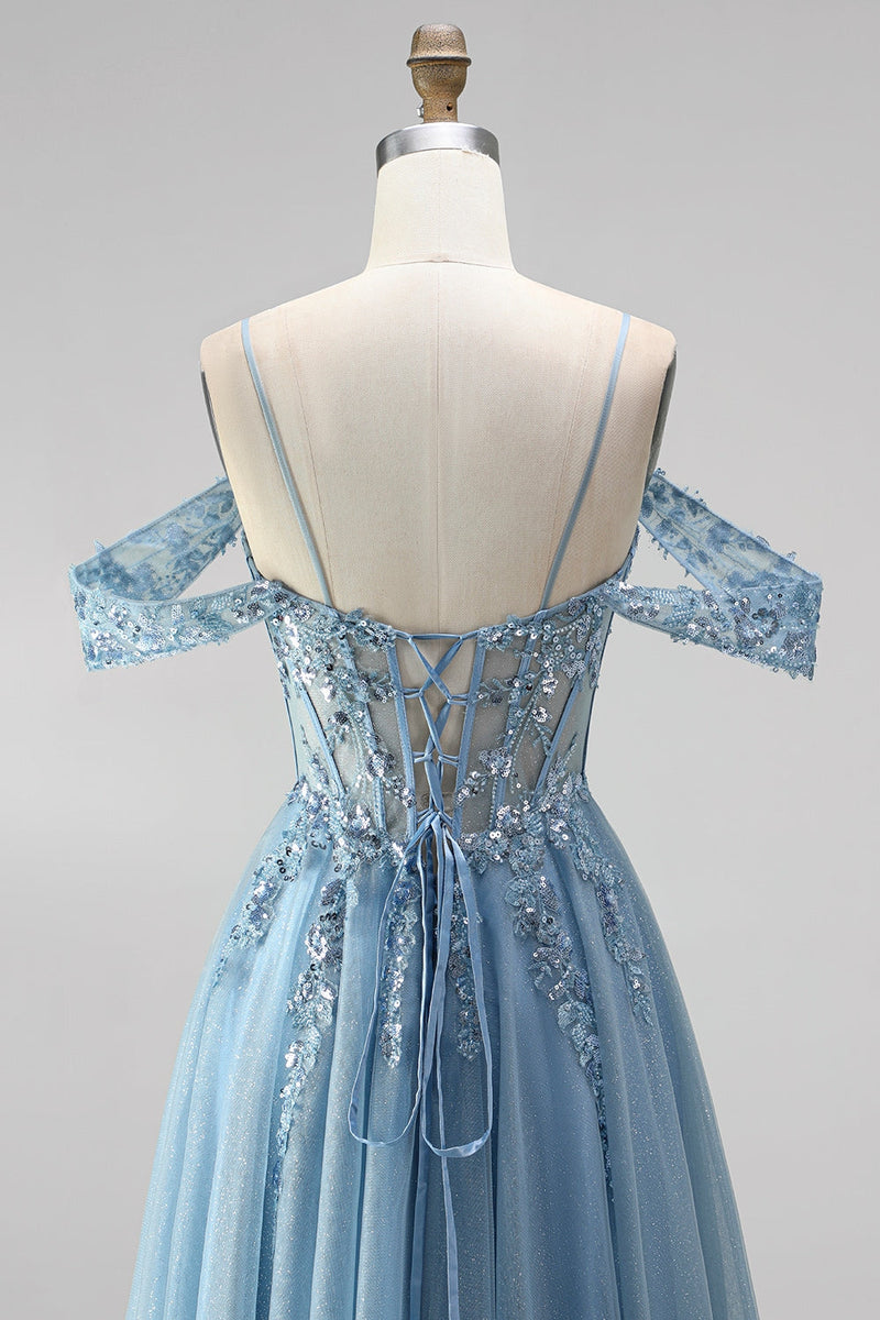 Laden Sie das Bild in den Galerie-Viewer, Glitzerndes Staubblaues A-Linie Korsett Transparentes Pailletten Langes Abschlussball-Kleid mit Applikationen
