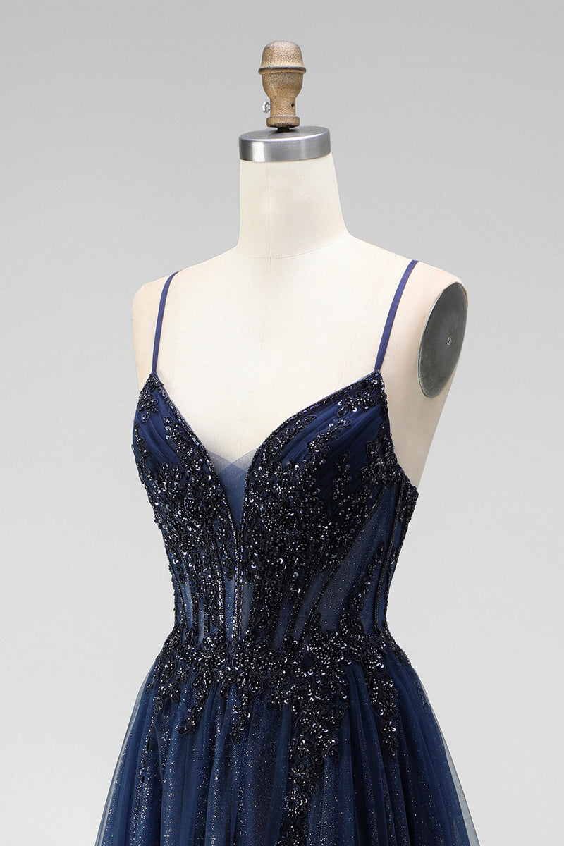Laden Sie das Bild in den Galerie-Viewer, Glitzerblaues A-Linie Korsett Tüll Pailletten Applikationen Spaghettiträger Langes Abschlussballkleid